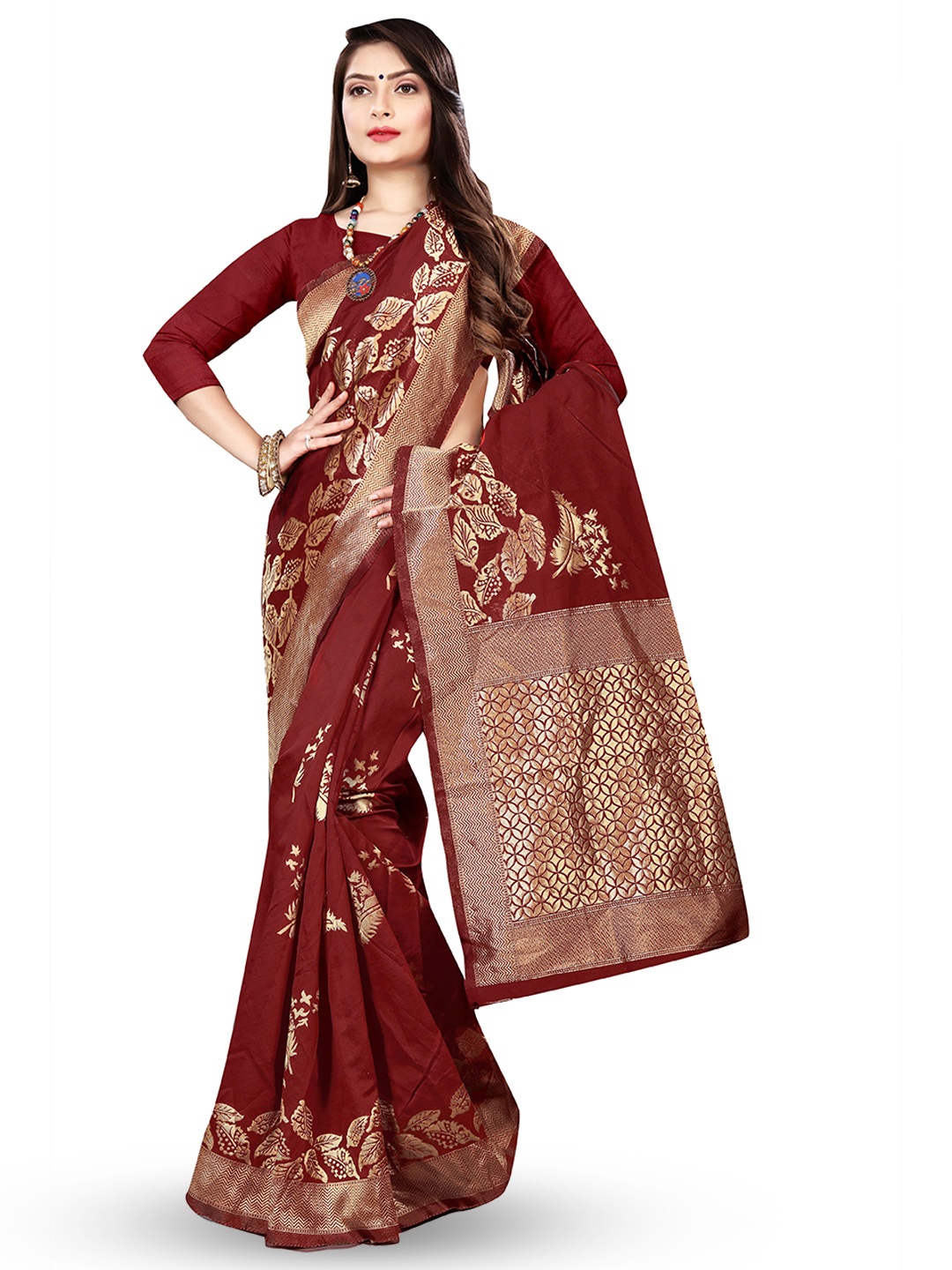 

ISHA TRADE Maroon Woven Design Silk Blend Saree