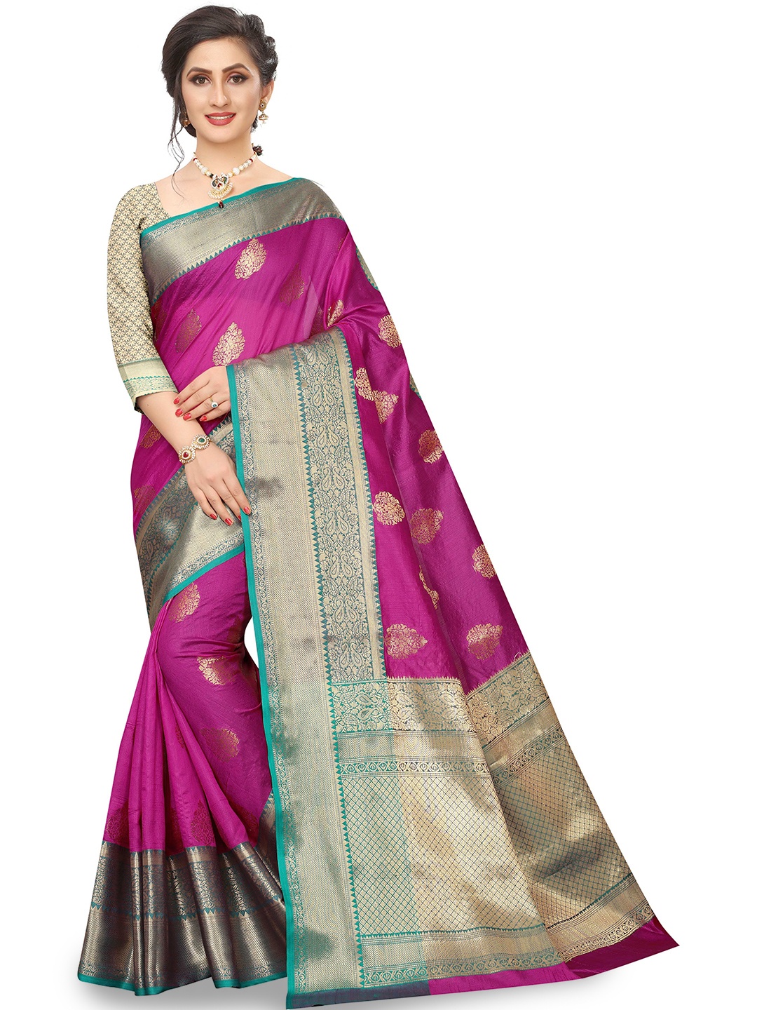 

ISHA TRADE Pink & Green Woven Design Silk Blend Saree