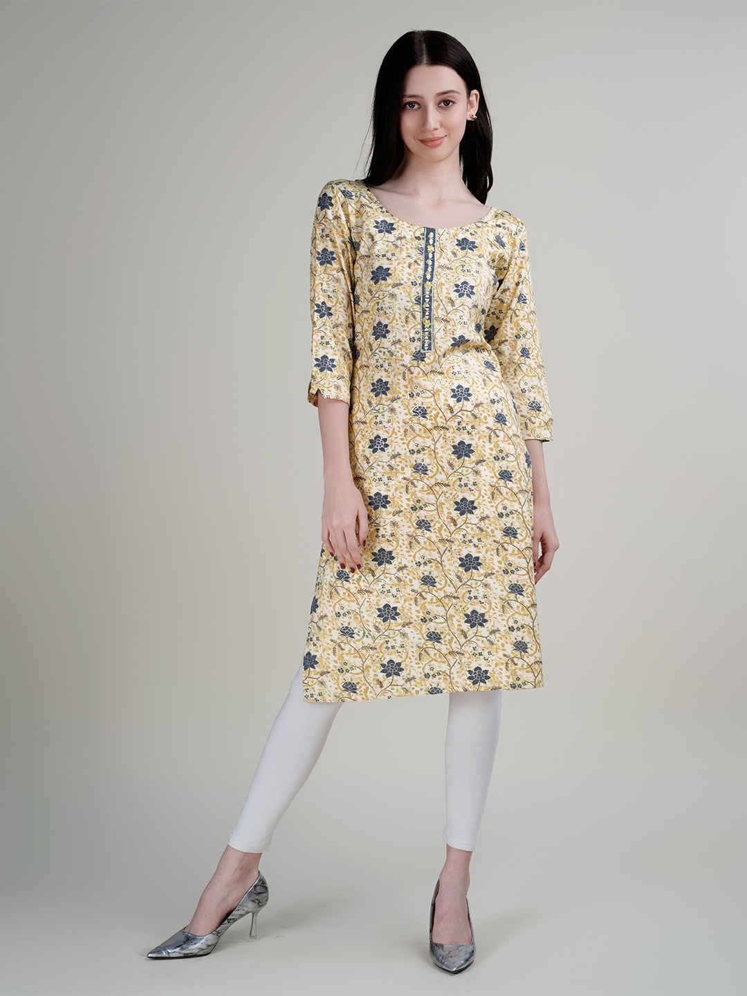 

HOUSE OF MIRA Floral Printed Round Neck Thread Work Kurta, Off white