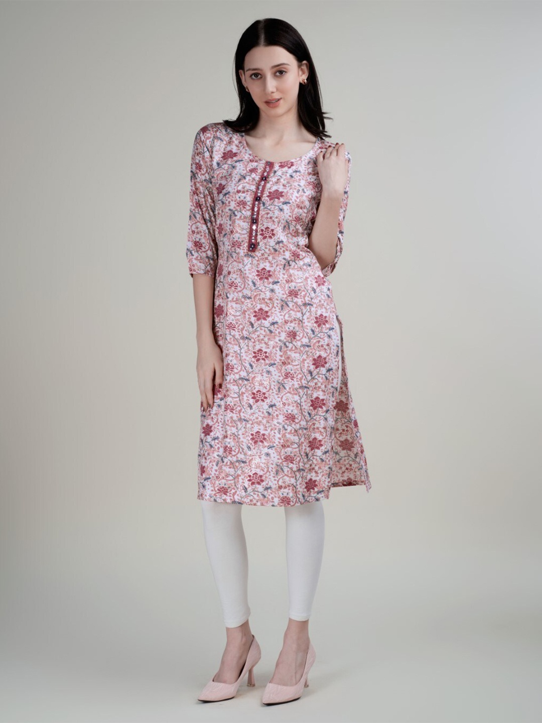 

HOUSE OF MIRA Floral Printed Round Neck Thread Work Kurta, Off white