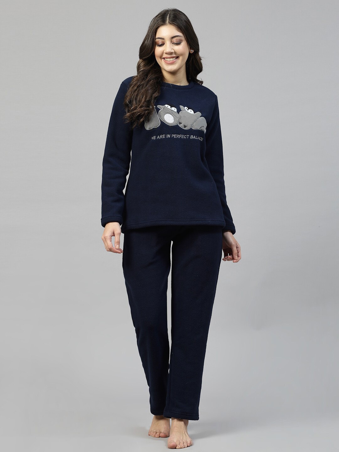 

Sweet Dreams Graphic Printed Long Sleeves Fleece Night Suit, Navy blue