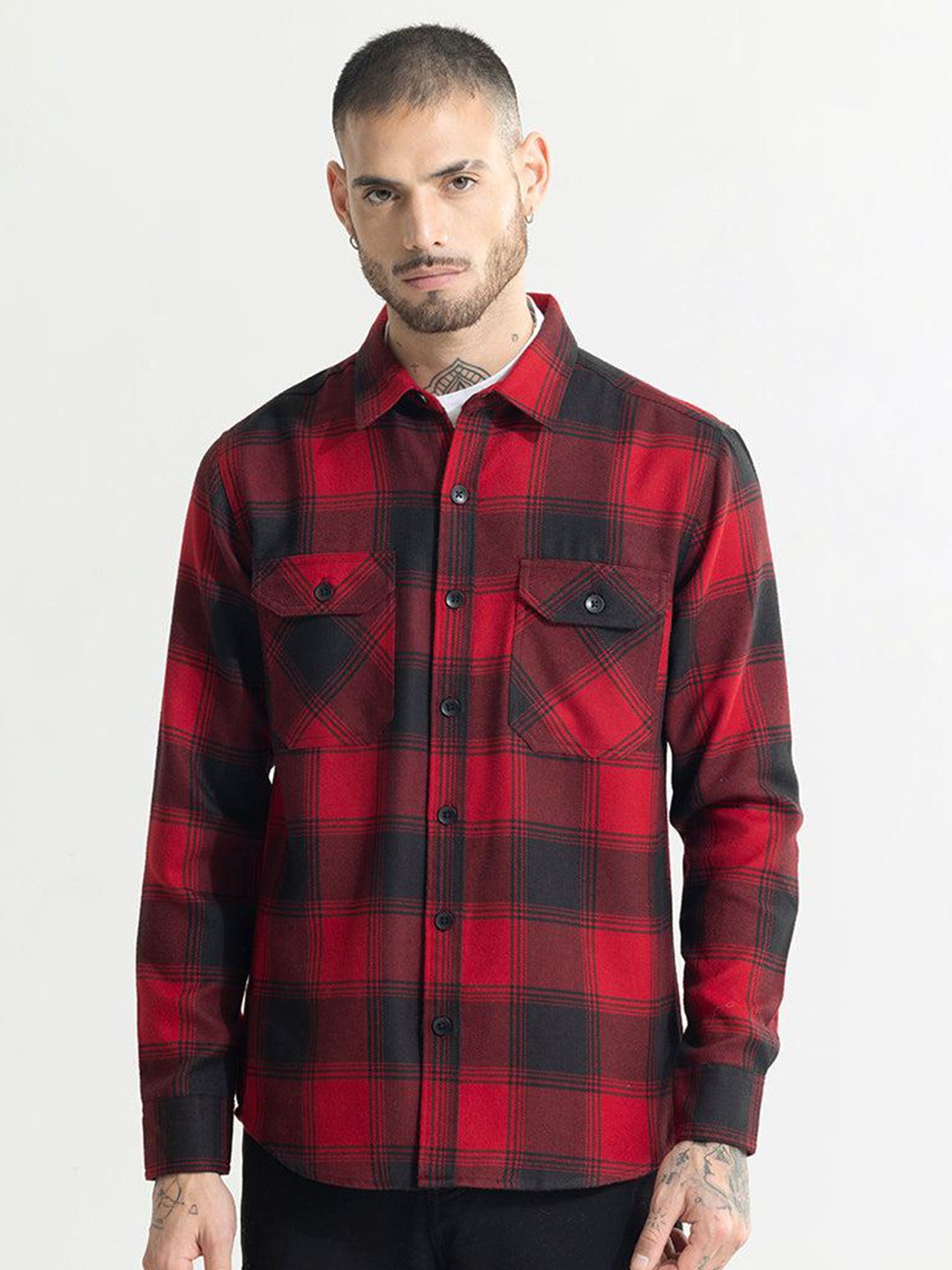 

Snitch Red Classic Slim Fit Checked Cotton Shacket