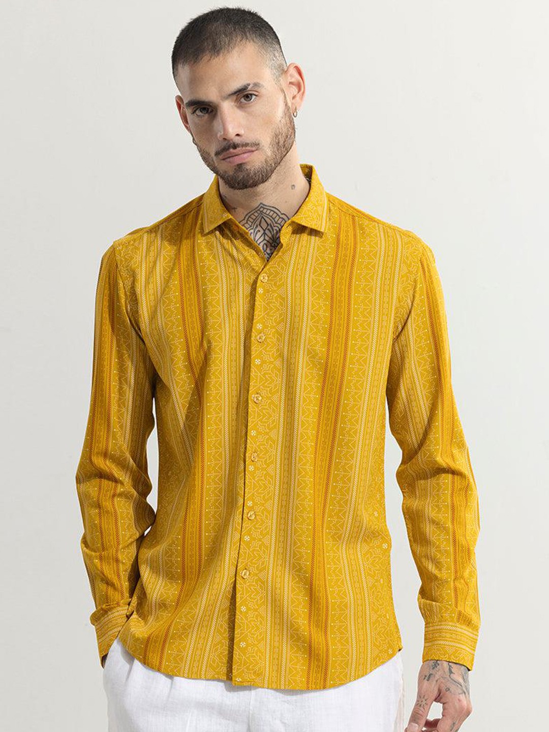 

Snitch Mustard Yellow Classic Slim Fit Ethnic Motifs Printed Casual Shirt