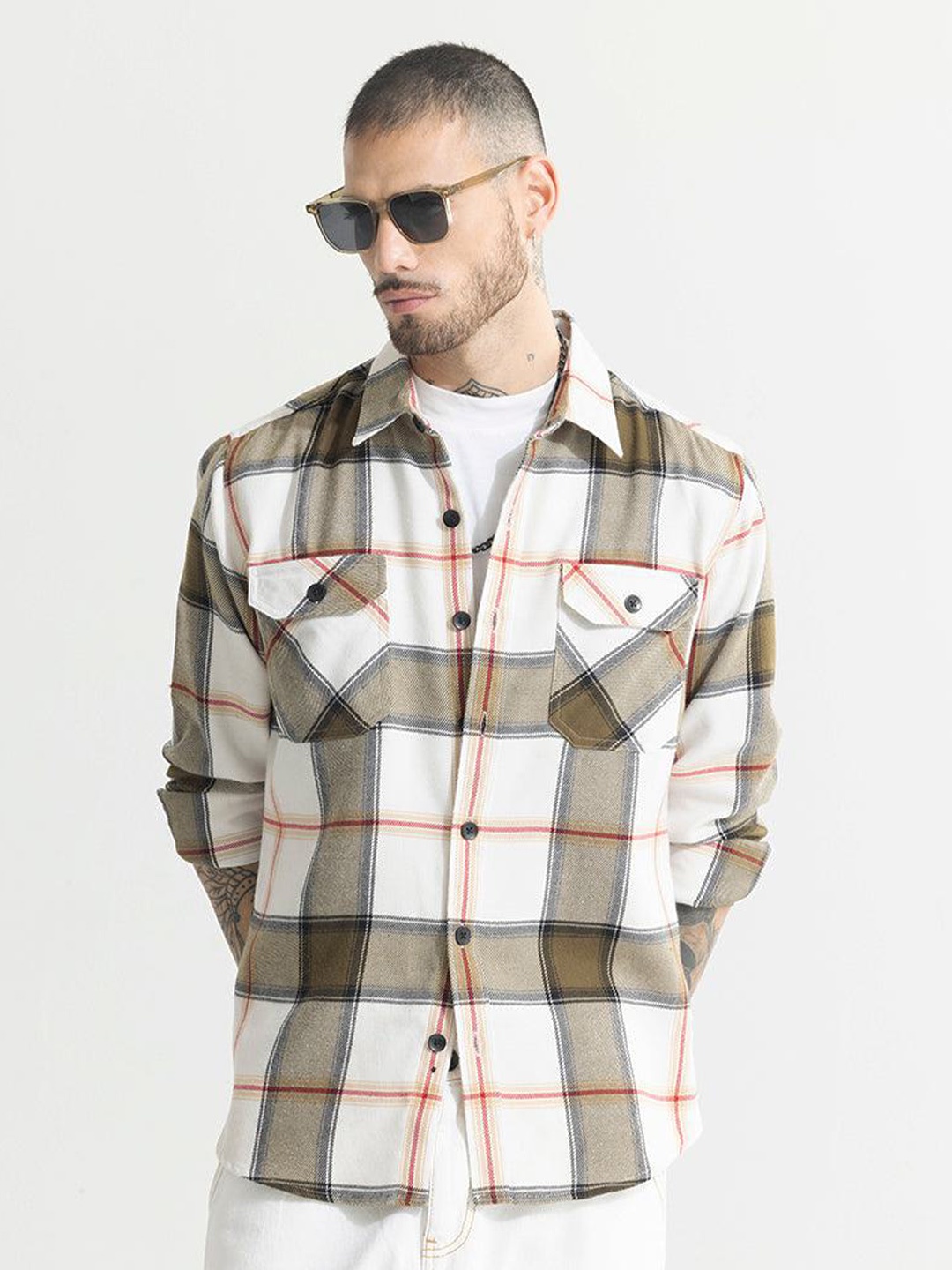 

Snitch Green Classic Slim Fit Tartan Checked Cotton Shacket