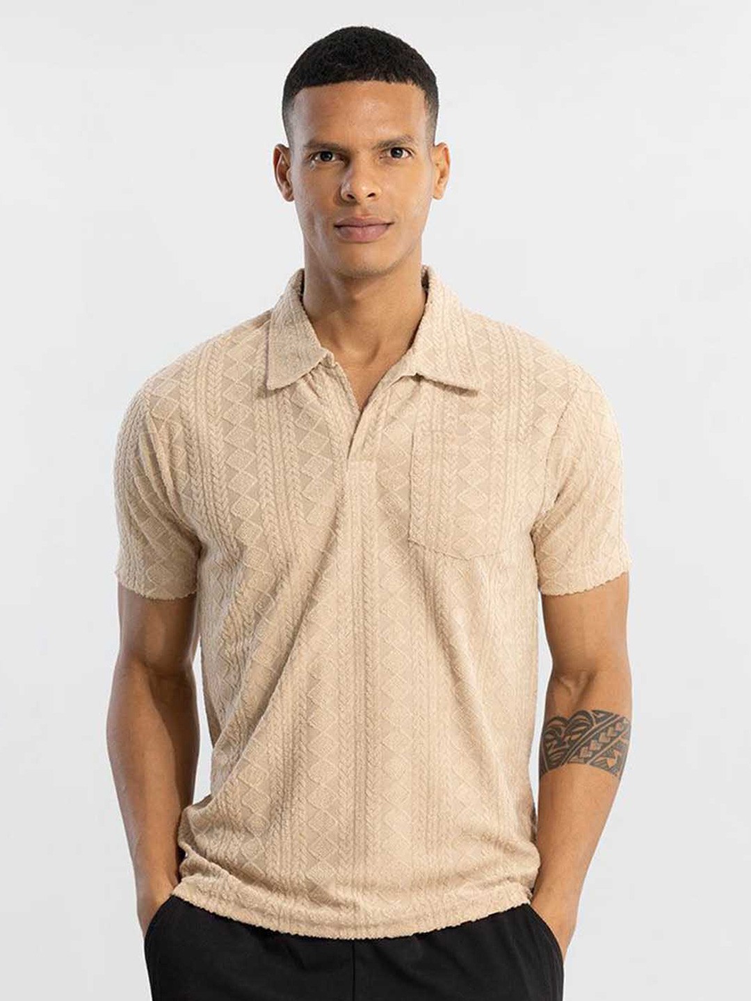 

Snitch Beige Geometric Self Design Polo Collar Cotton T-shirt