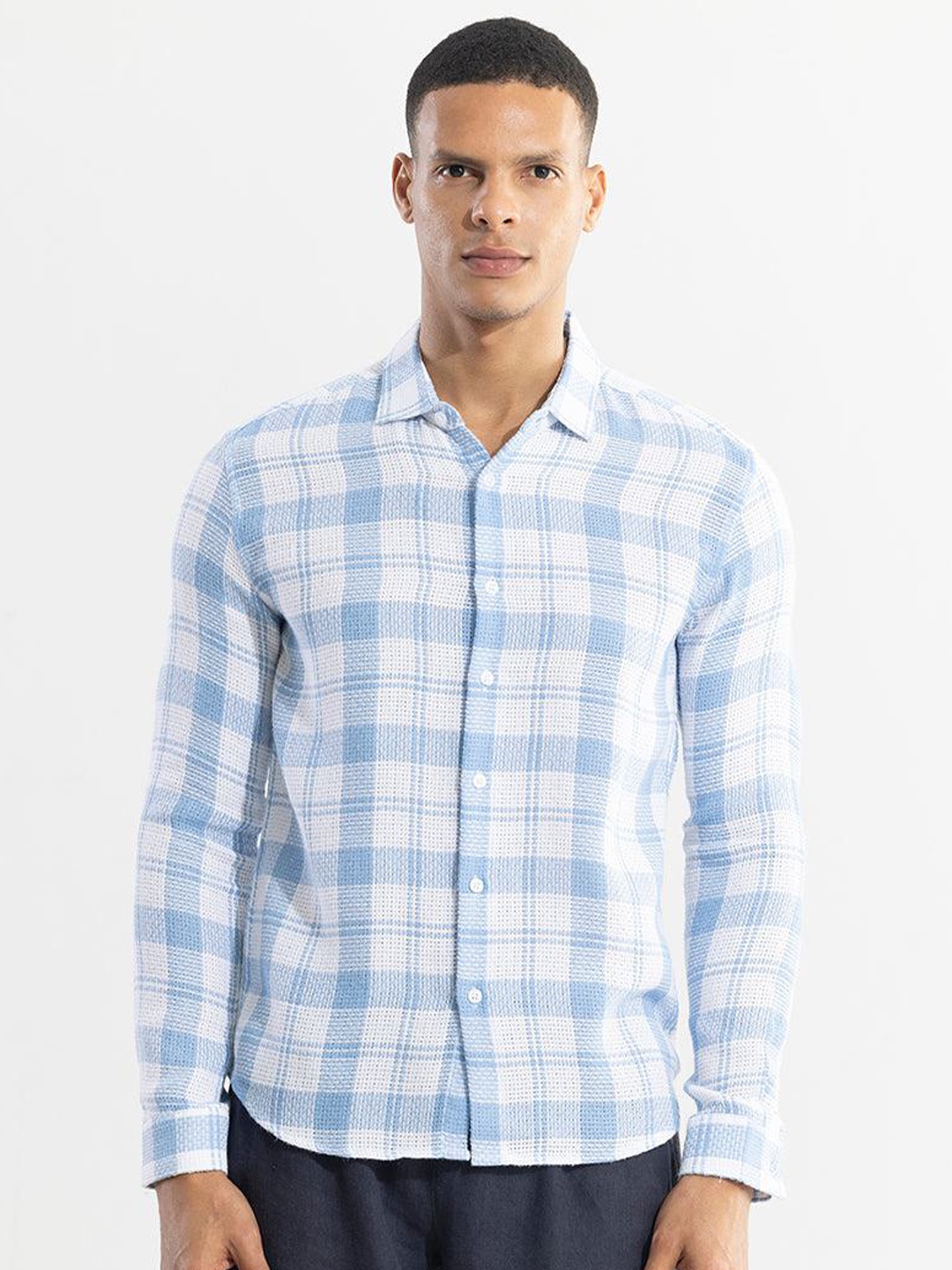 

Snitch Blue Classic Slim Fit Checked Cotton Shirt