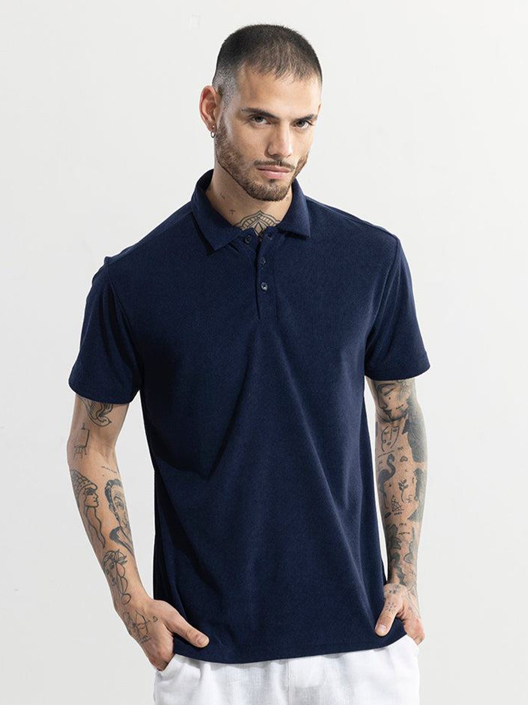 

Snitch Navy Blue Polo Collar Cotton T-shirt