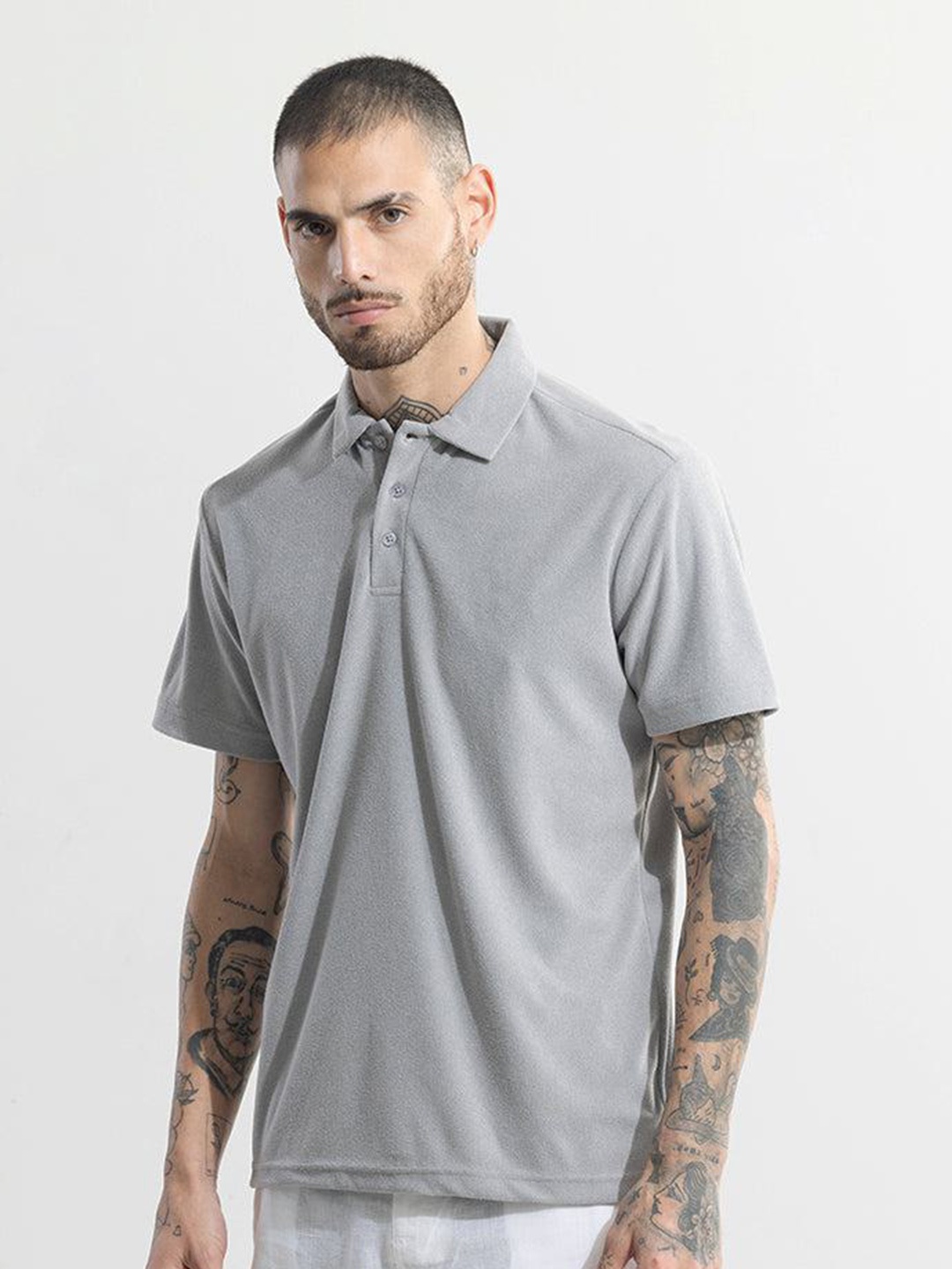 

Snitch Grey Polo Collar Cotton T-shirt