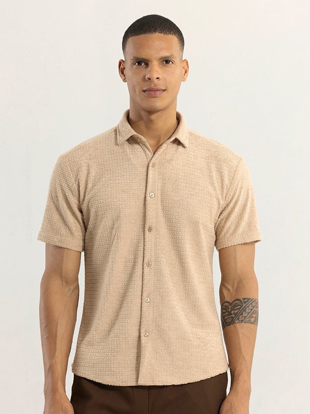 

Snitch Beige Classic Oversized Self Design Casual Shirt