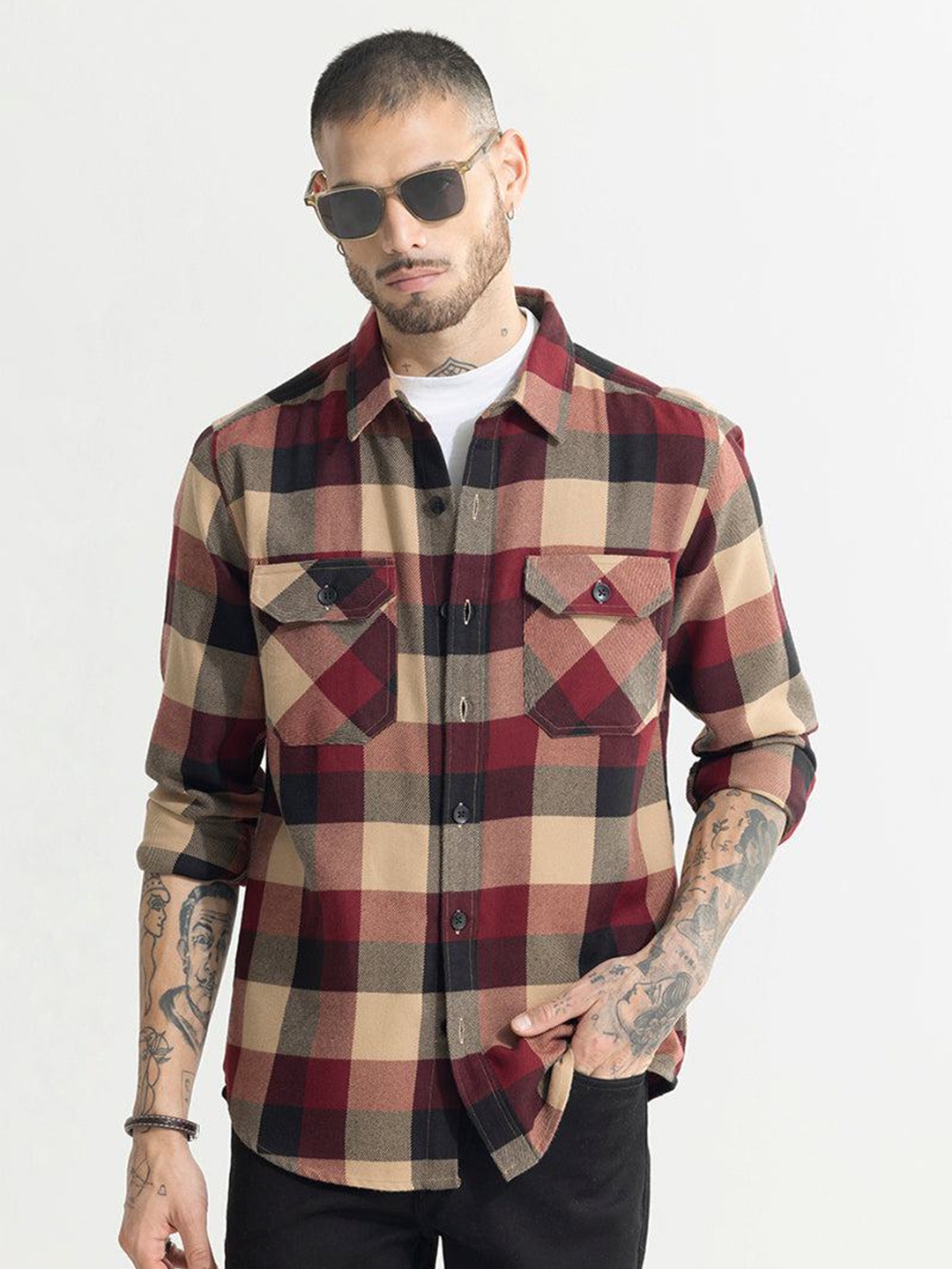 

Snitch Red Classic Slim Fit Tartan Checked Cotton Shacket