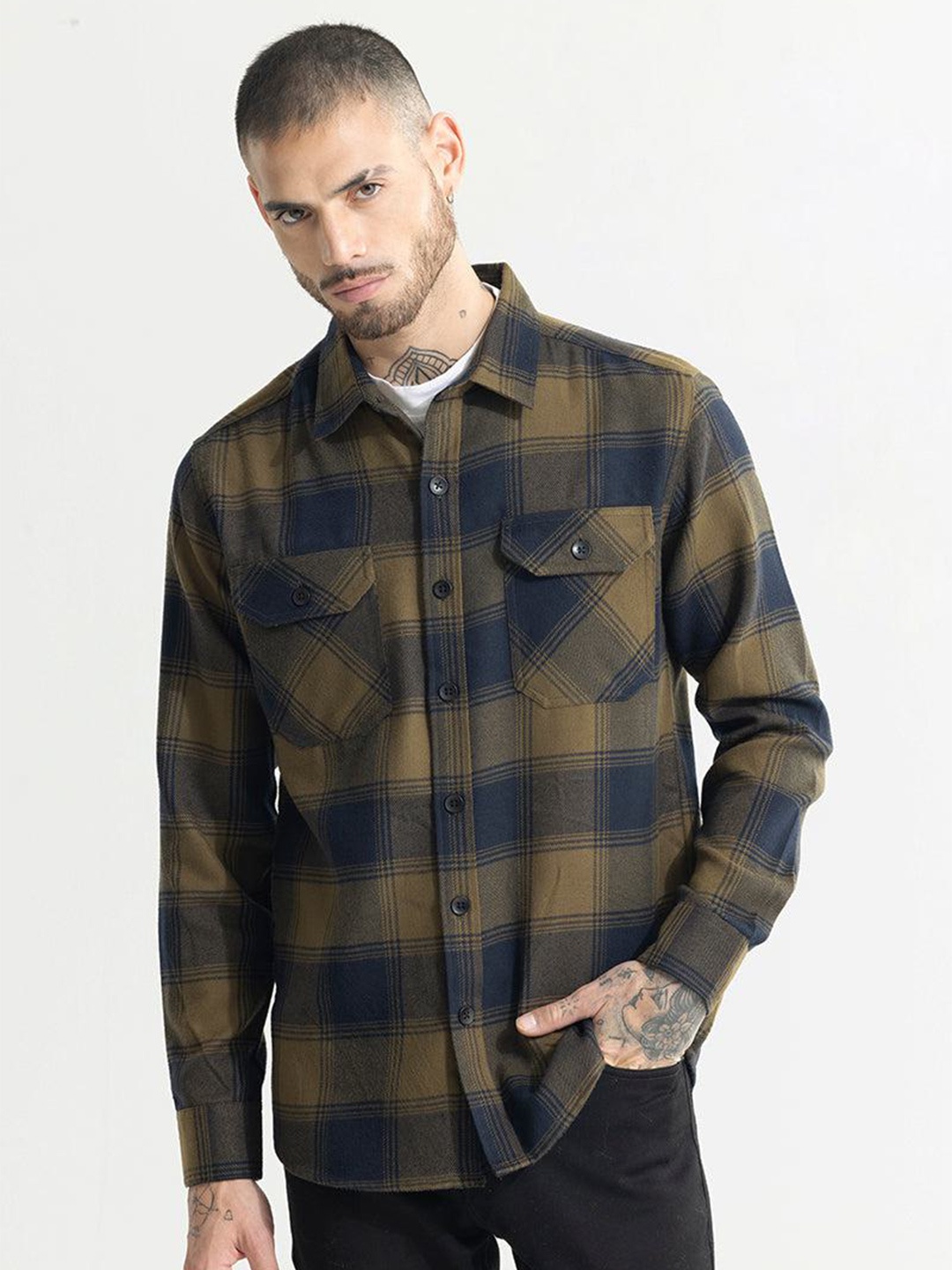 

Snitch Green Classic Slim Fit Tartan Checked Cotton Shacket