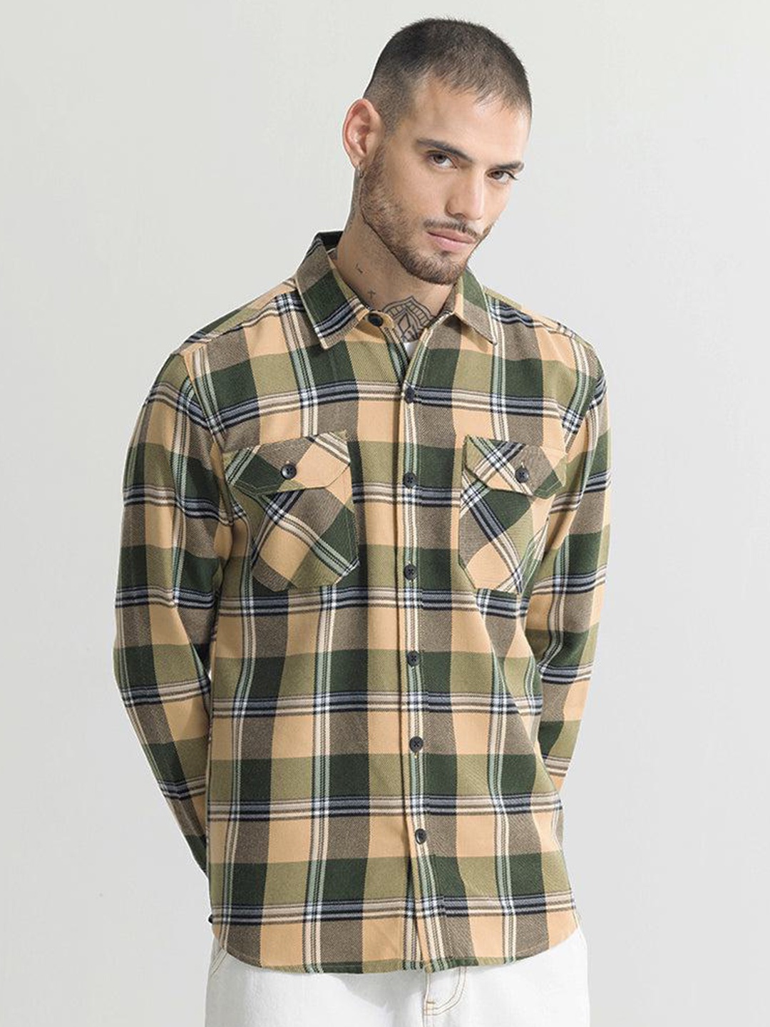 

Snitch Yellow Classic Slim Fit Tartan Checked Cotton Shacket