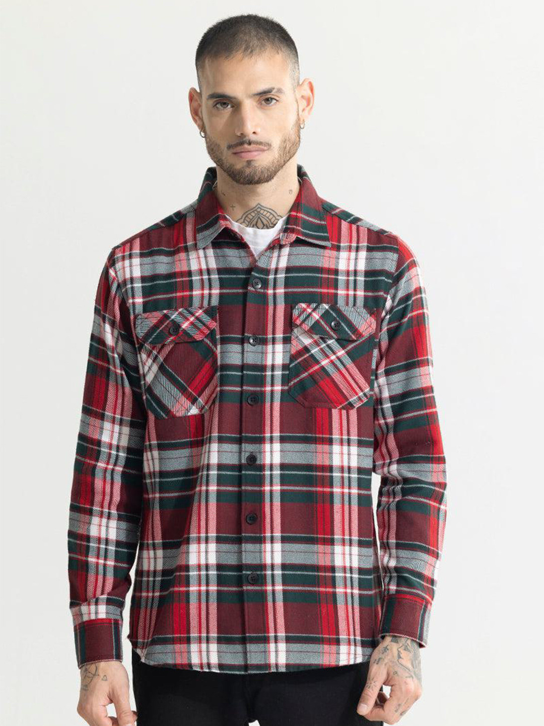 

Snitch Red Classic Slim Fit Tartan Checked Cotton Shacket