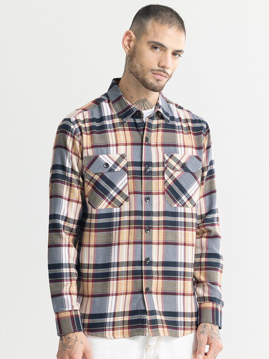 

Snitch Cream-Coloured Classic Slim Fit Tartan Checked Cotton Shacket