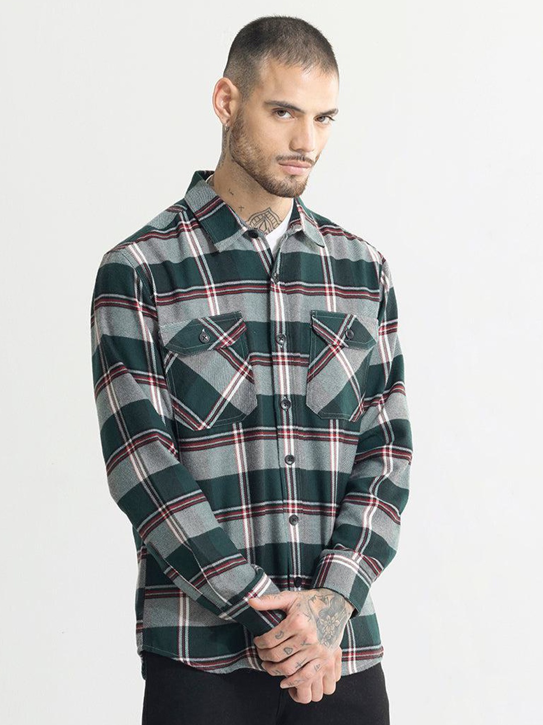 

Snitch Green Classic Slim Fit Checked Cotton Shacket