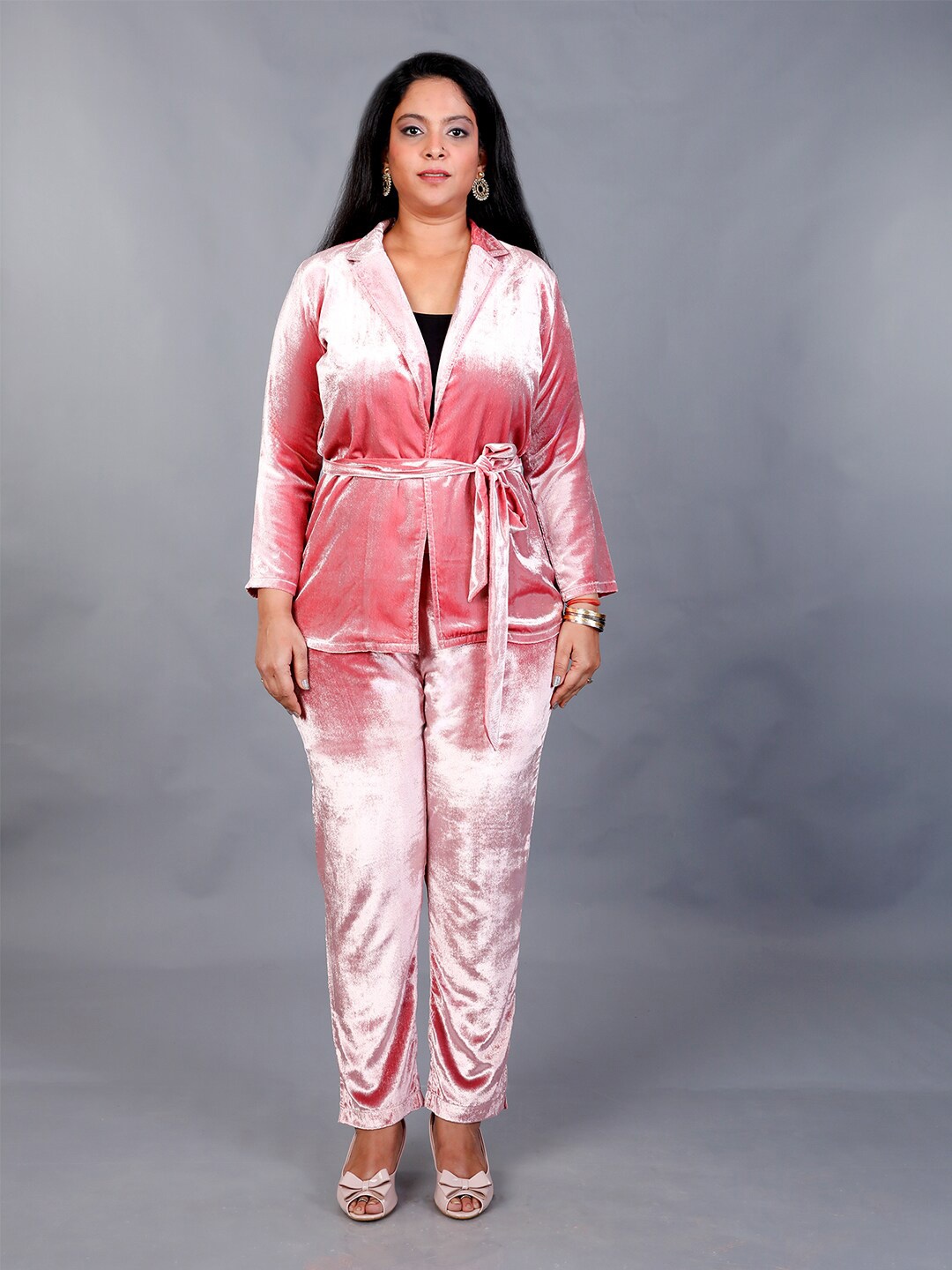 

FABNEST Long Sleeves Lapel Collar Coat & Trouser With Belt, Pink