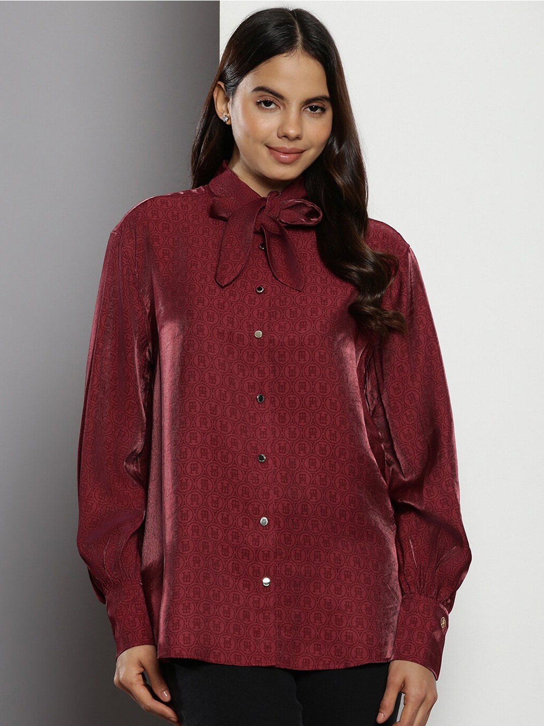 

Tommy Hilfiger Typography Printed Tie-Up Neck Modal Shirt Style Top, Maroon