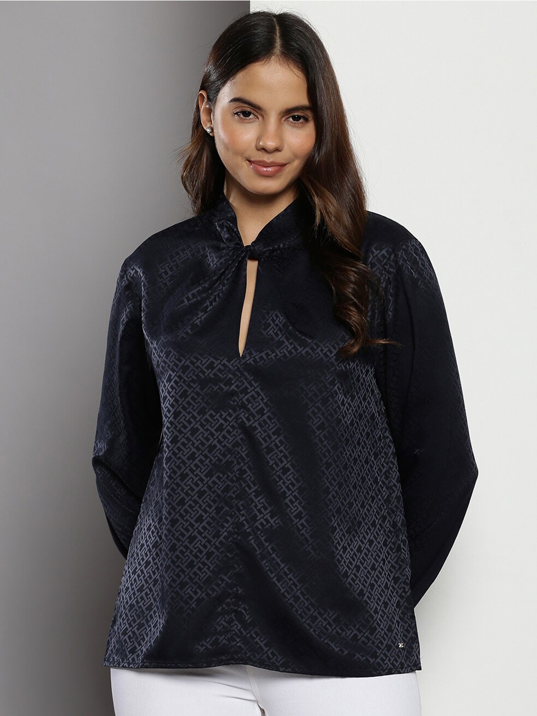 

Tommy Hilfiger Typography Printed Keyhole Neck Jacquard Top, Navy blue