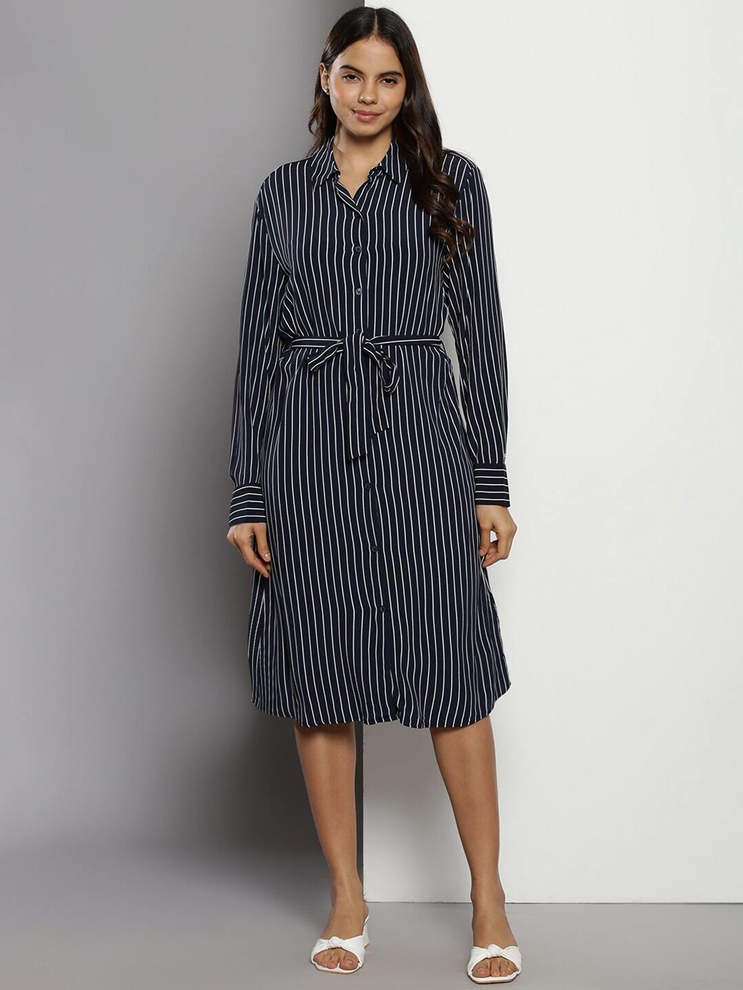 

Tommy Hilfiger Striped Belted Shirt Midi Dress, Navy blue