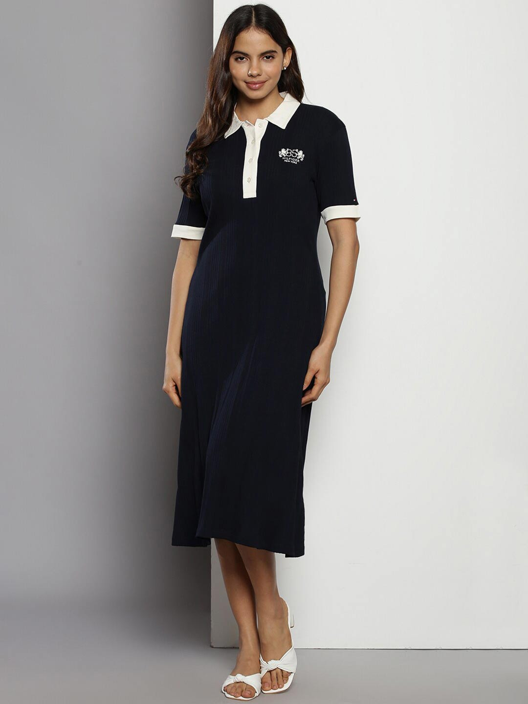 

Tommy Hilfiger Ribbed Shirt Collar Cotton T-shirt Midi Dress, Navy blue
