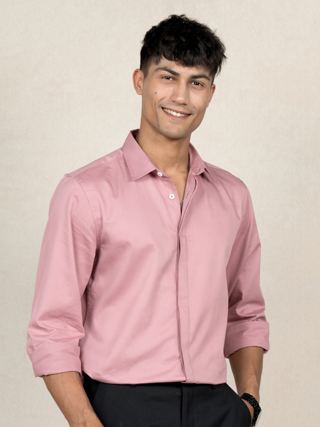 

Wellbi Men Slim Fit Classic Premium Cotton Casual Shirt, Pink
