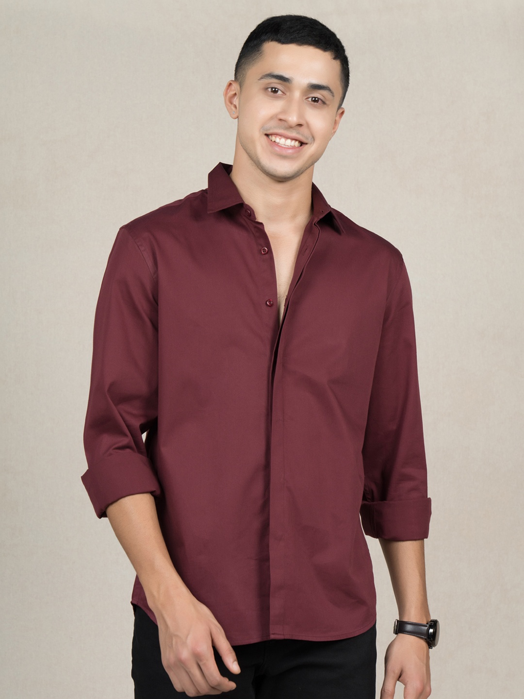 

Wellbi Men Classic Premium Cotton Slim Fit Casual Shirt, Burgundy