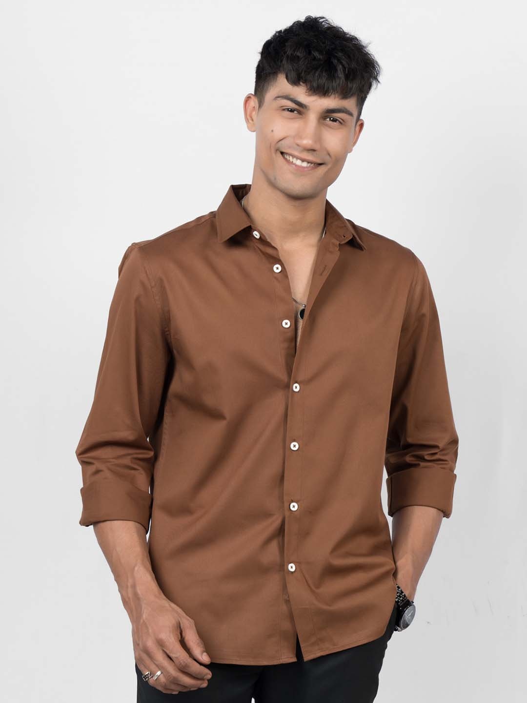 

Wellbi Premium Slim Fit Long Sleeves Pure Cotton Casual Shirt, Brown