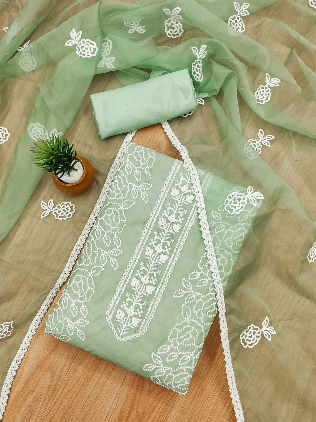 

KALINI Floral Embroidered Unstitched Dress Material, Green