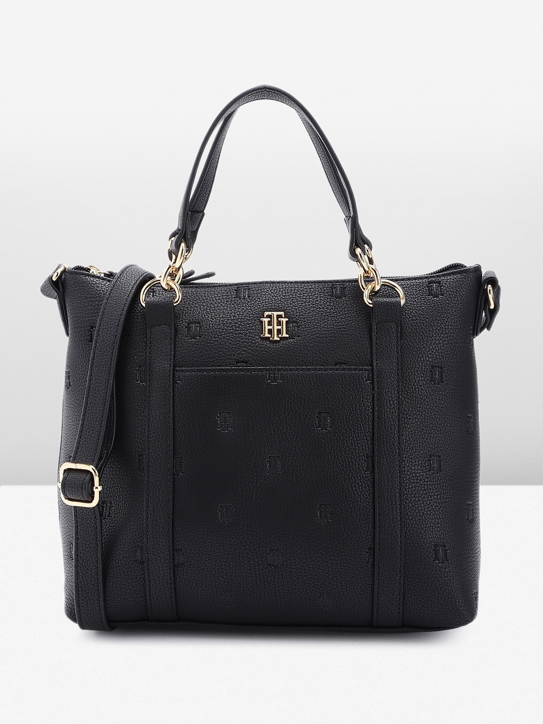 

Tommy Hilfiger Brand Logo Debossed PU Structured Handheld Bag, Black