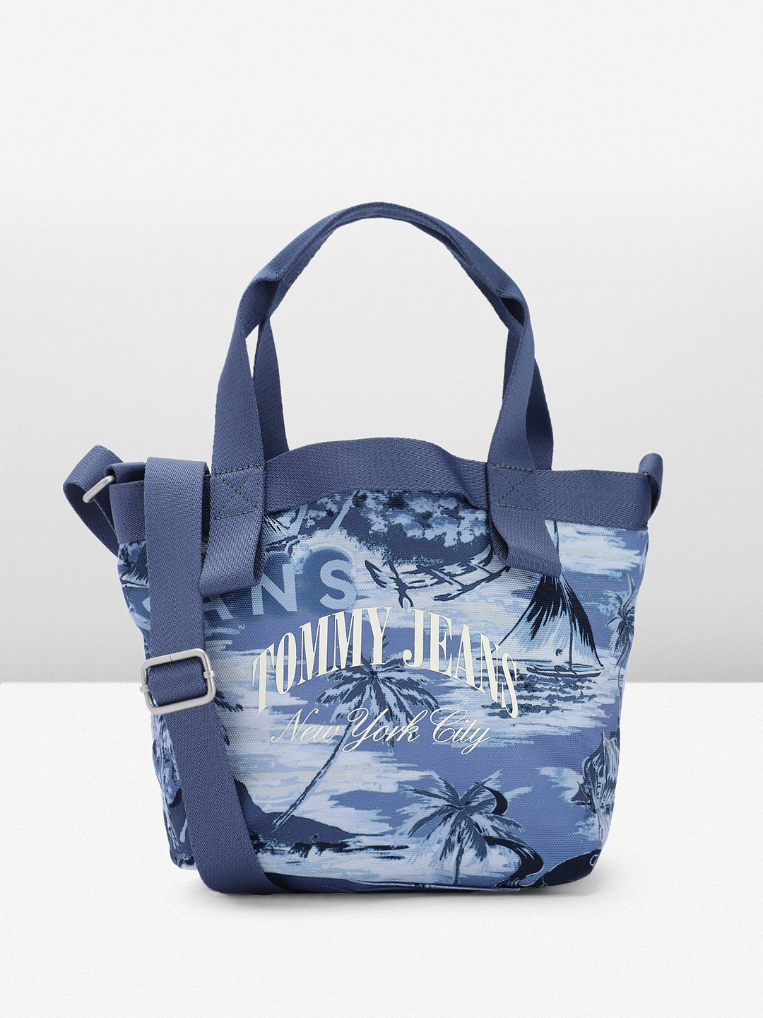 

Tommy Hilfiger Brand Logo Hawaiian Printed Structured Handheld Bag, Blue