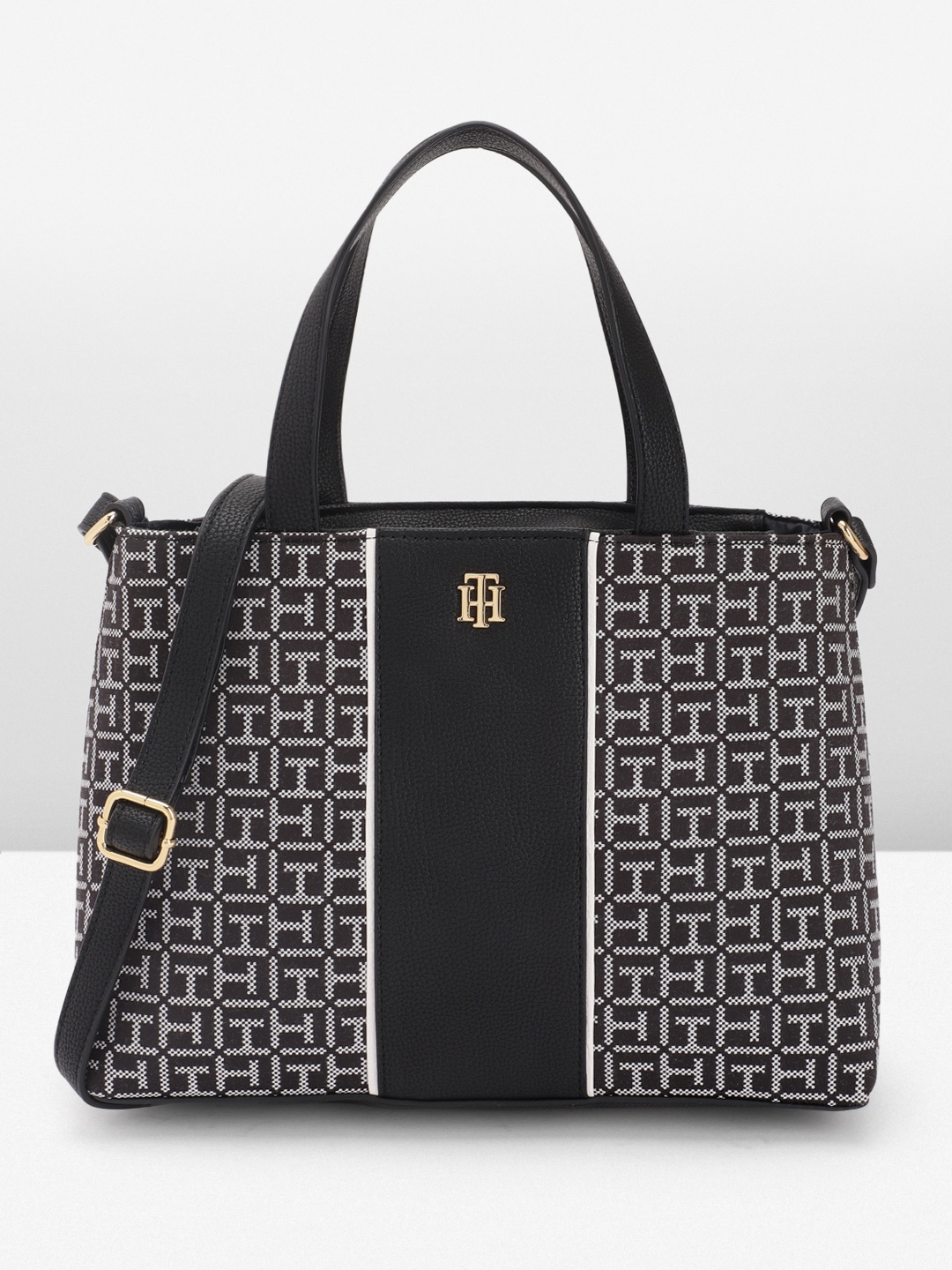 

Tommy Hilfiger Brand Logo Embroidered Structured Handheld Bag, Black