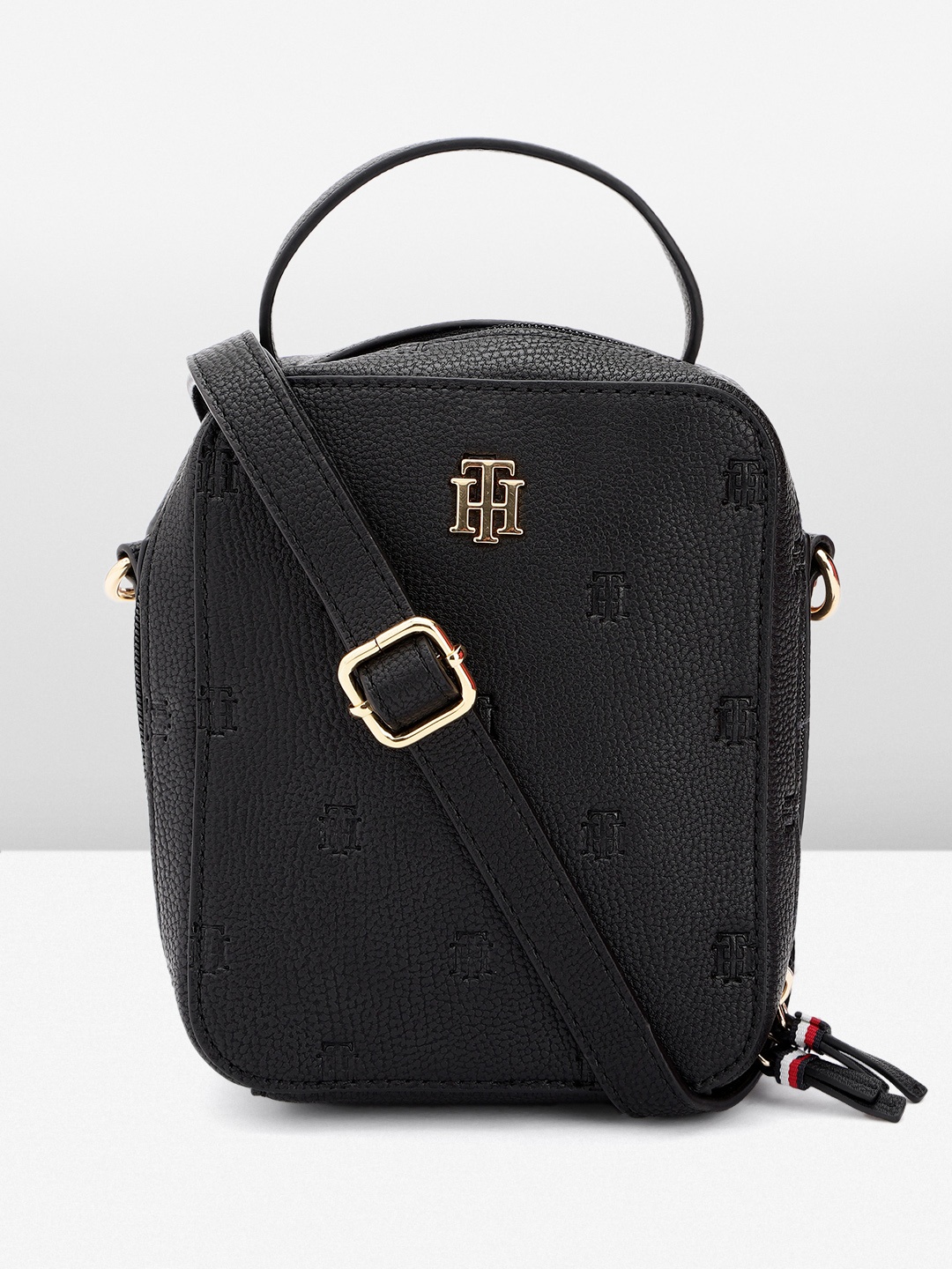 

Tommy Hilfiger Brand Logo Debossed PU Structured Handheld Bag, Black