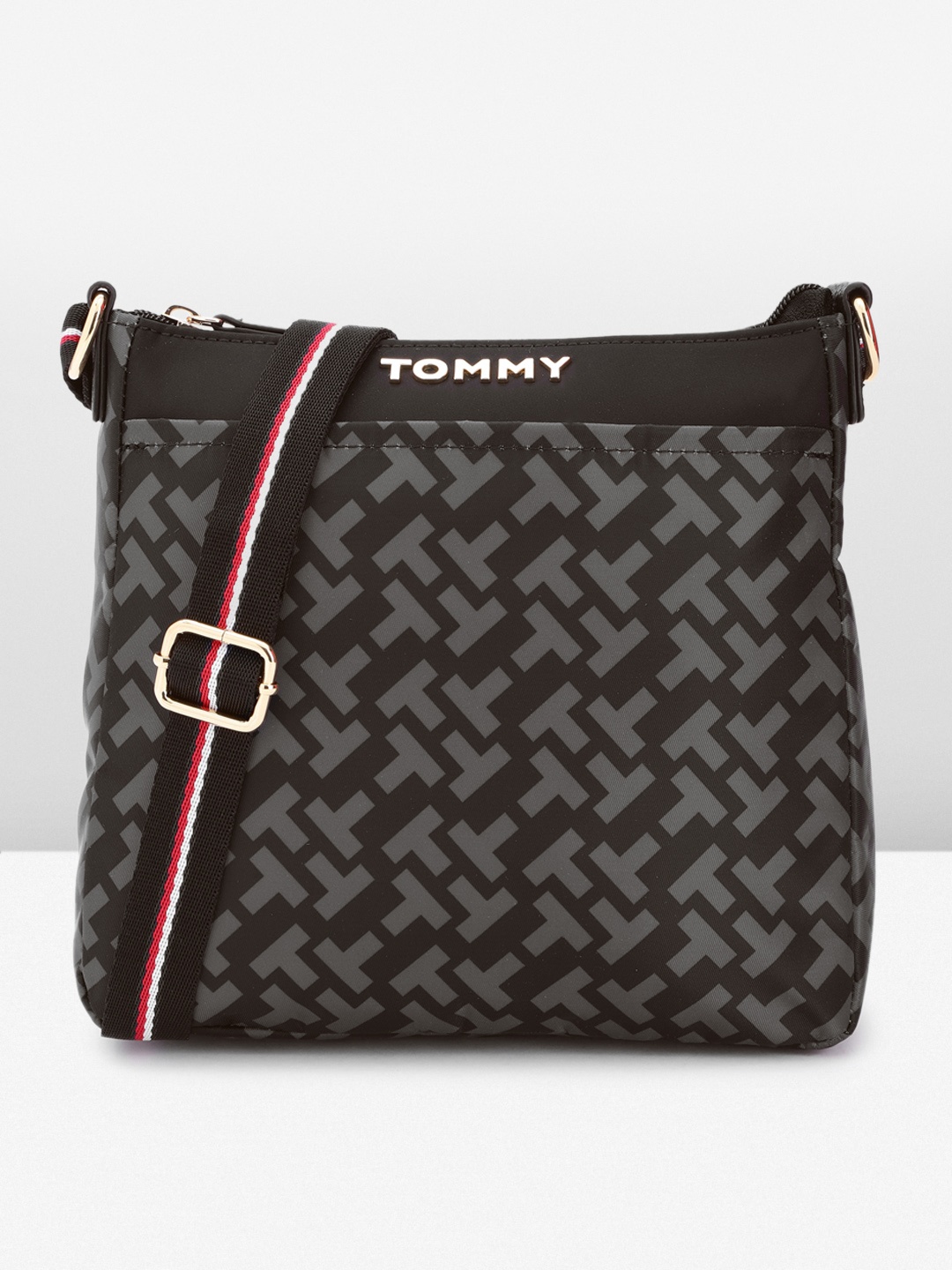 

Tommy Hilfiger Brand Logo Print Structured Sling Bag, Black