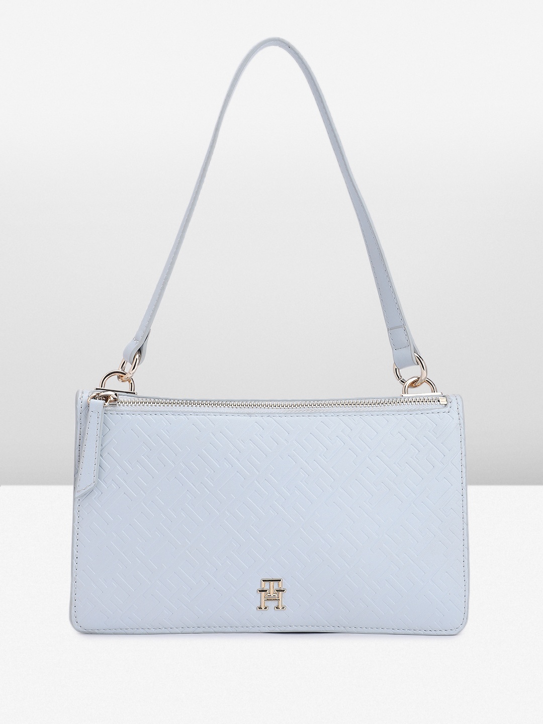 

Tommy Hilfiger Brand Logo Textured PU Structured Handheld Bag, Blue