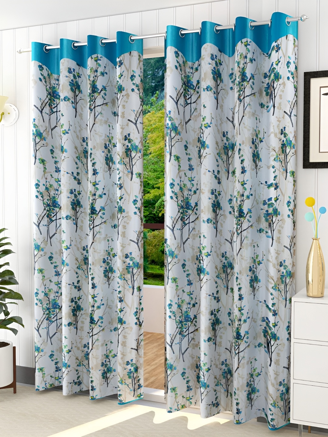 

REYANSH DECOR Turquoise Blue & Off White 2 Pieces Floral Door Curtains