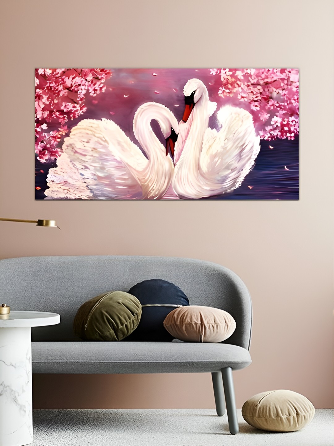 

MITHILA Handicrafts Pink & White Twin Swan Canvas Painting Wall Art