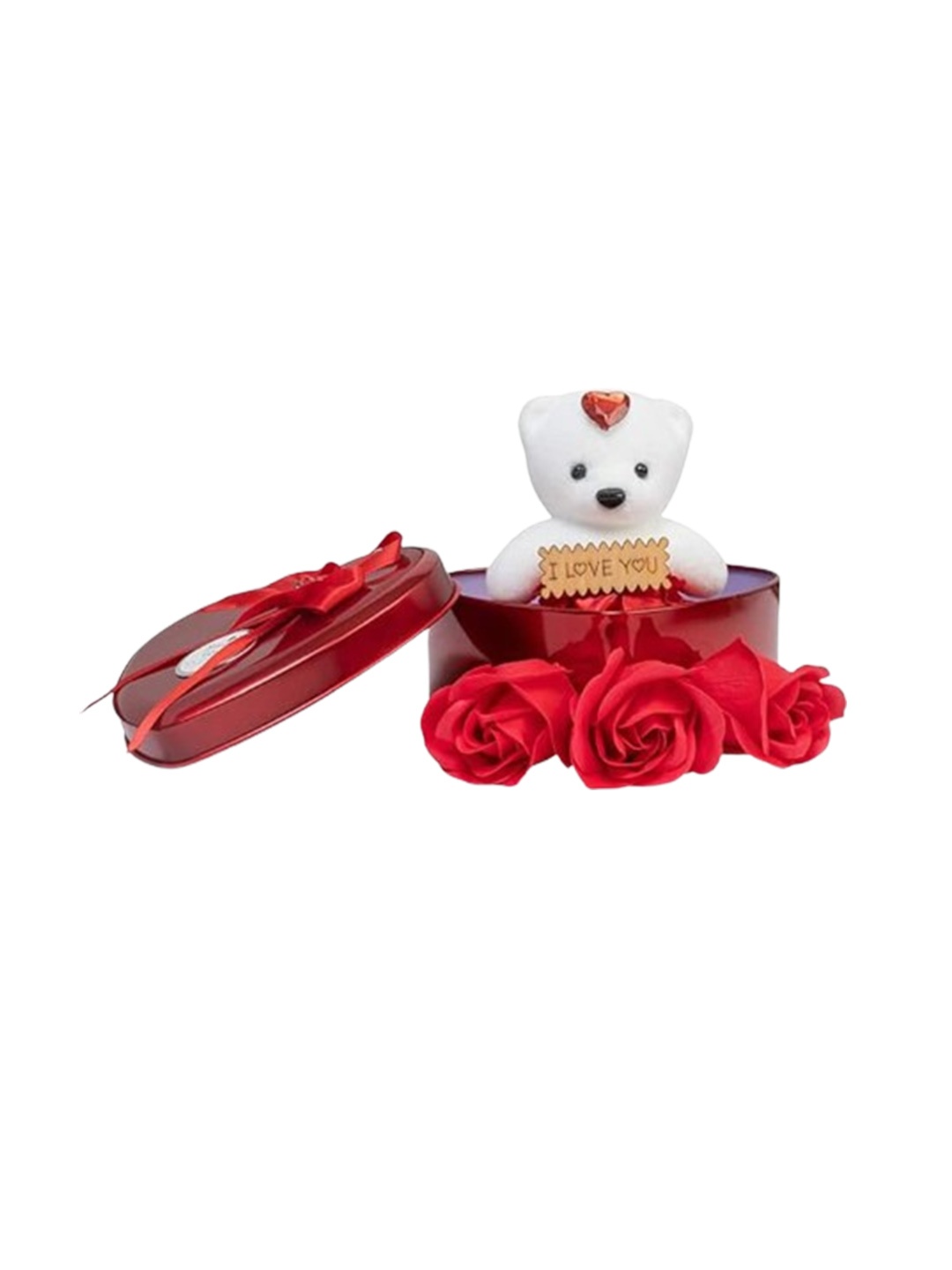 

Kaameri Bazaar Red 3 Pieces Teddy Artificial Flower With Metal Box Gift Set