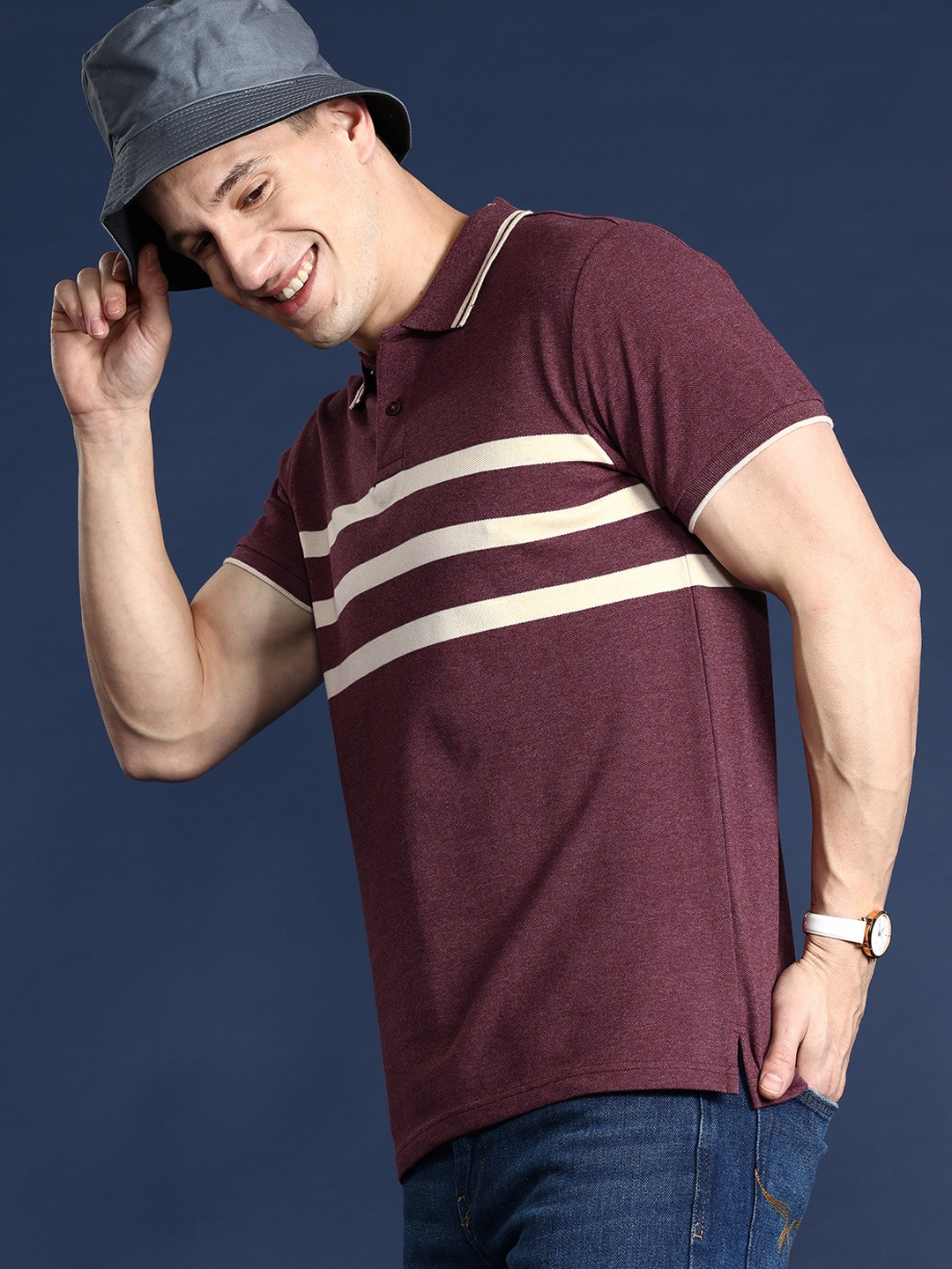 

Mast & Harbour Men Striped Polo Collar T-shirt, Maroon