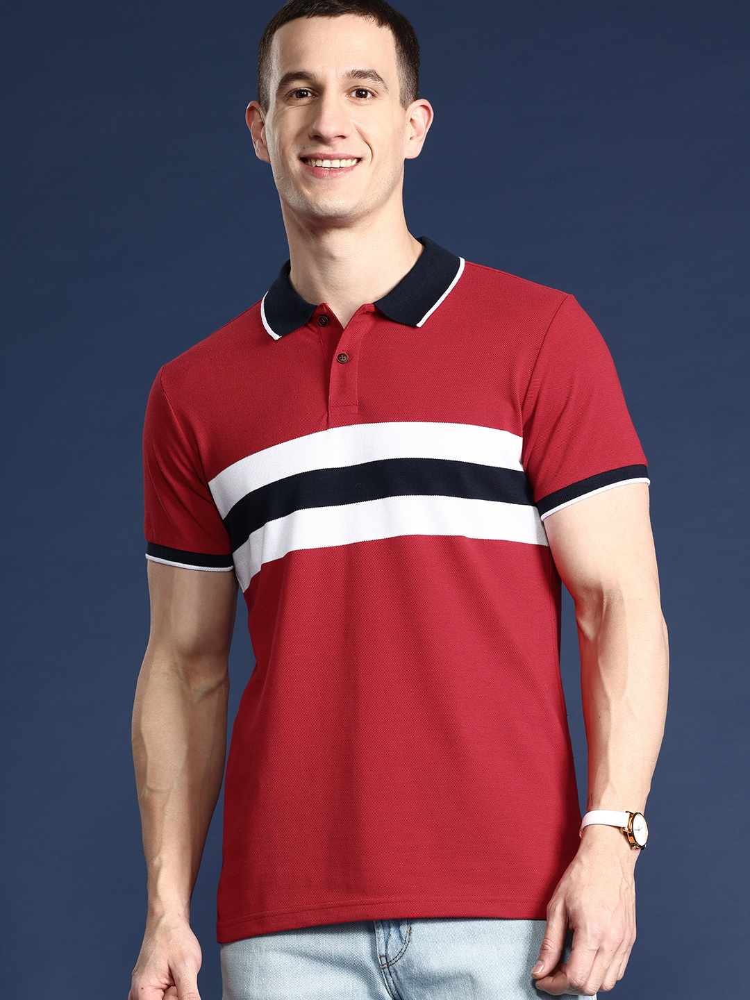 

Mast & Harbour Men Striped Polo Collar T-shirt, Red