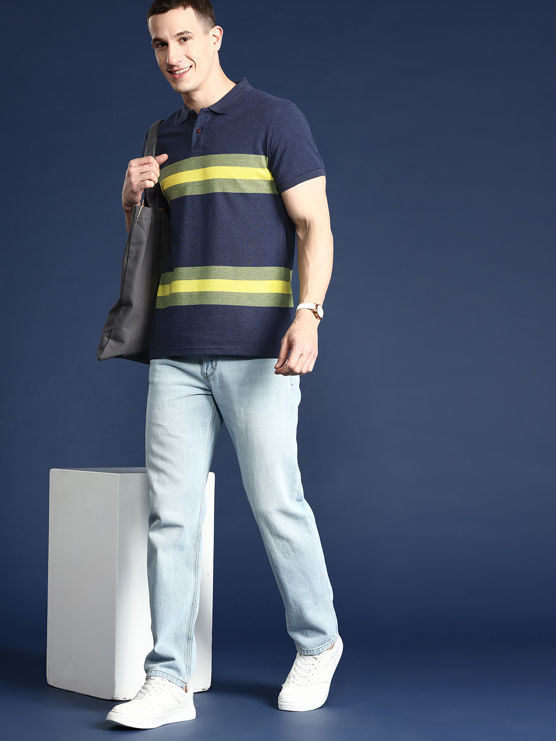 

Mast & Harbour Men Striped Polo Collar T-shirt, Navy blue