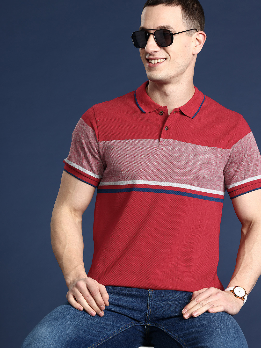 

Mast & Harbour Men Striped Polo Collar T-shirt, Red