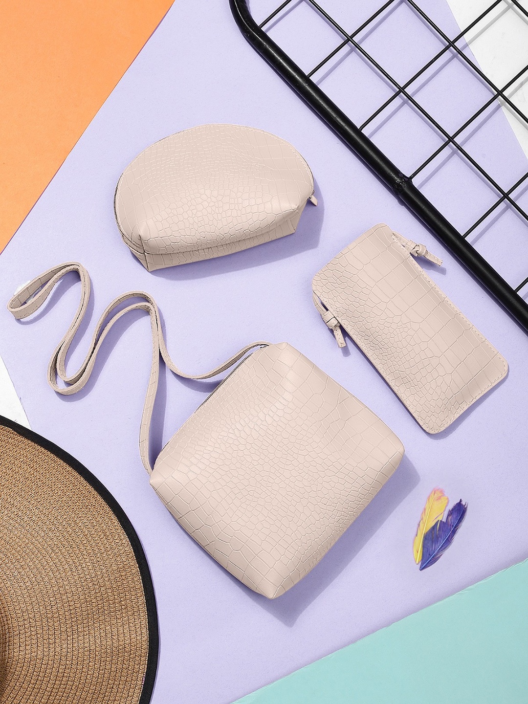 

LEGAL BRIBE Textured PU Sling Bag with Pouches, Beige