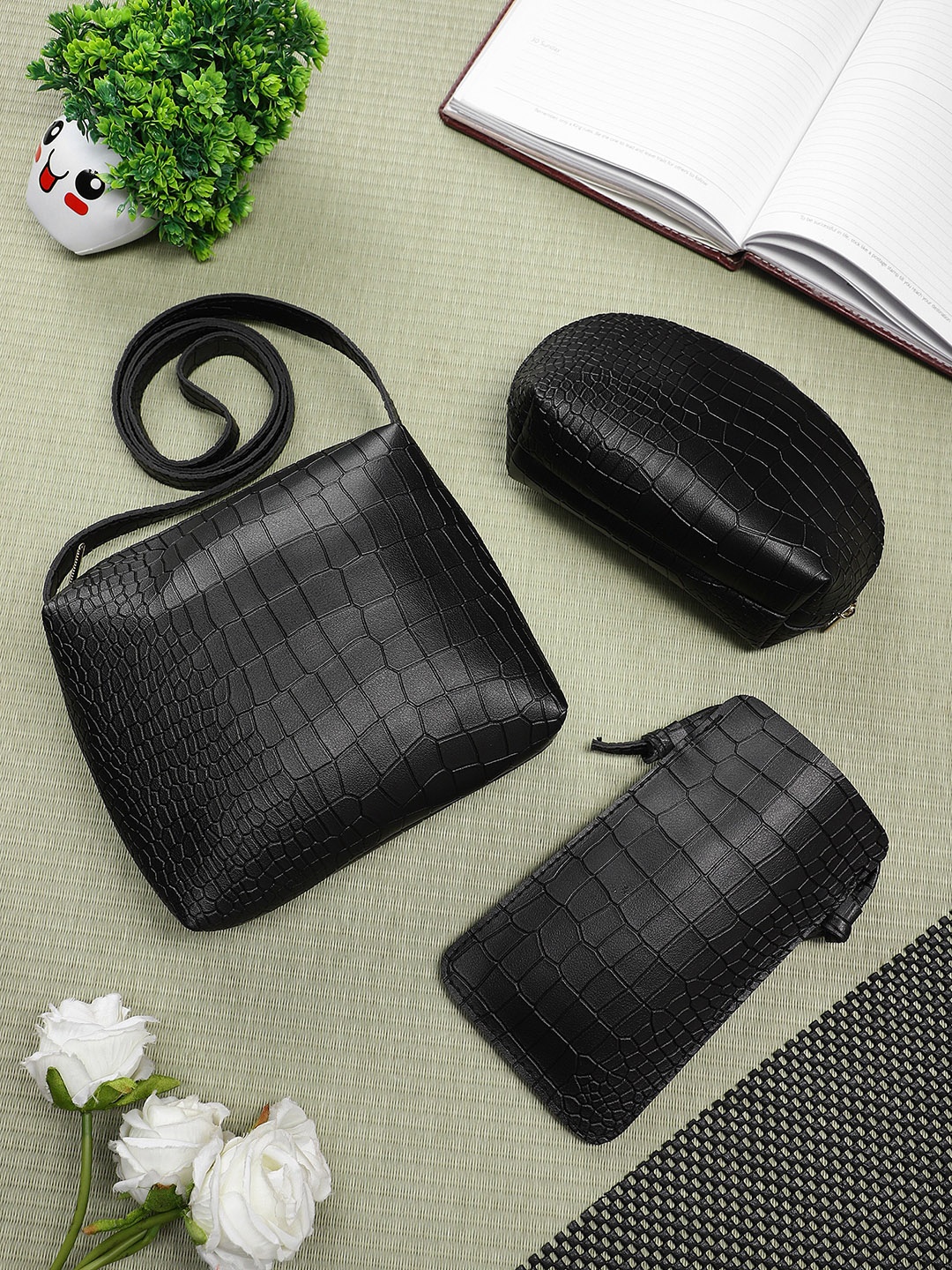 LEGAL BRIBE Textured PU Sling Bag with Pouches, Black