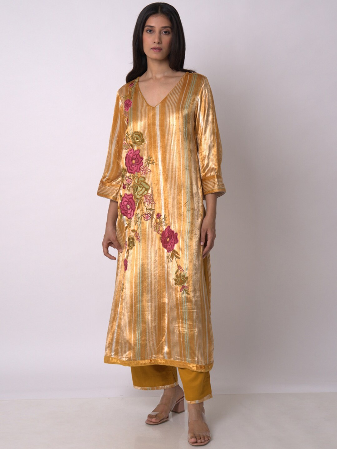 

Ganga Striped Thread Work Velvet Kurta With Salwar & Dupatta, Mustard