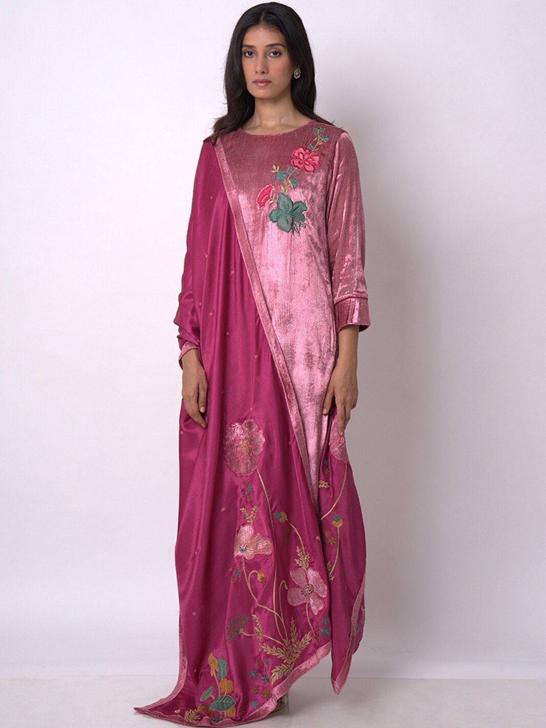 

Ganga Floral Embroidered Regular Thread Work Raw Silk Kurta With Palazzos & Dupatta, Pink