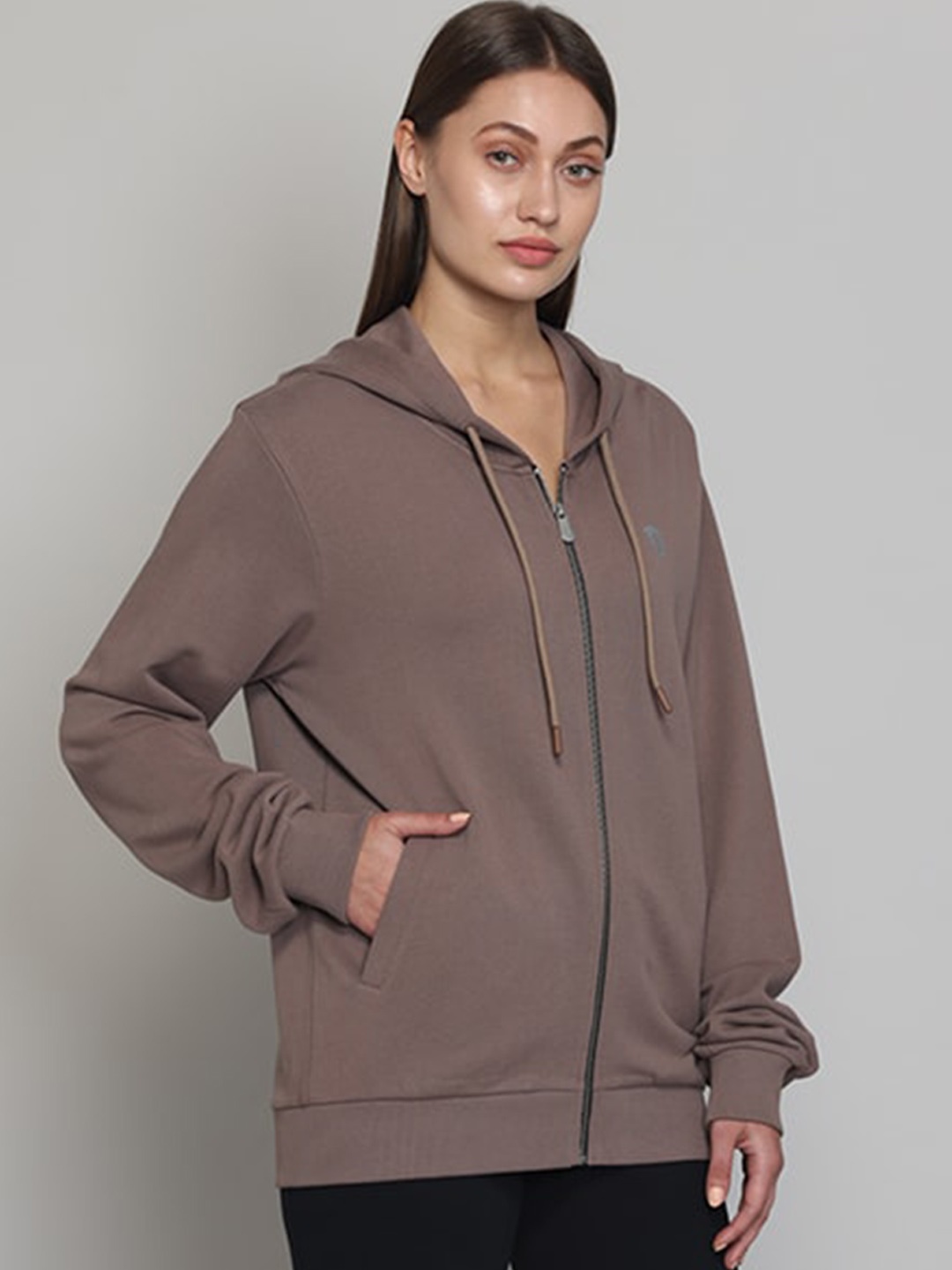 Muvazo Hooded Pure Cotton Open Front Jacket, Brown