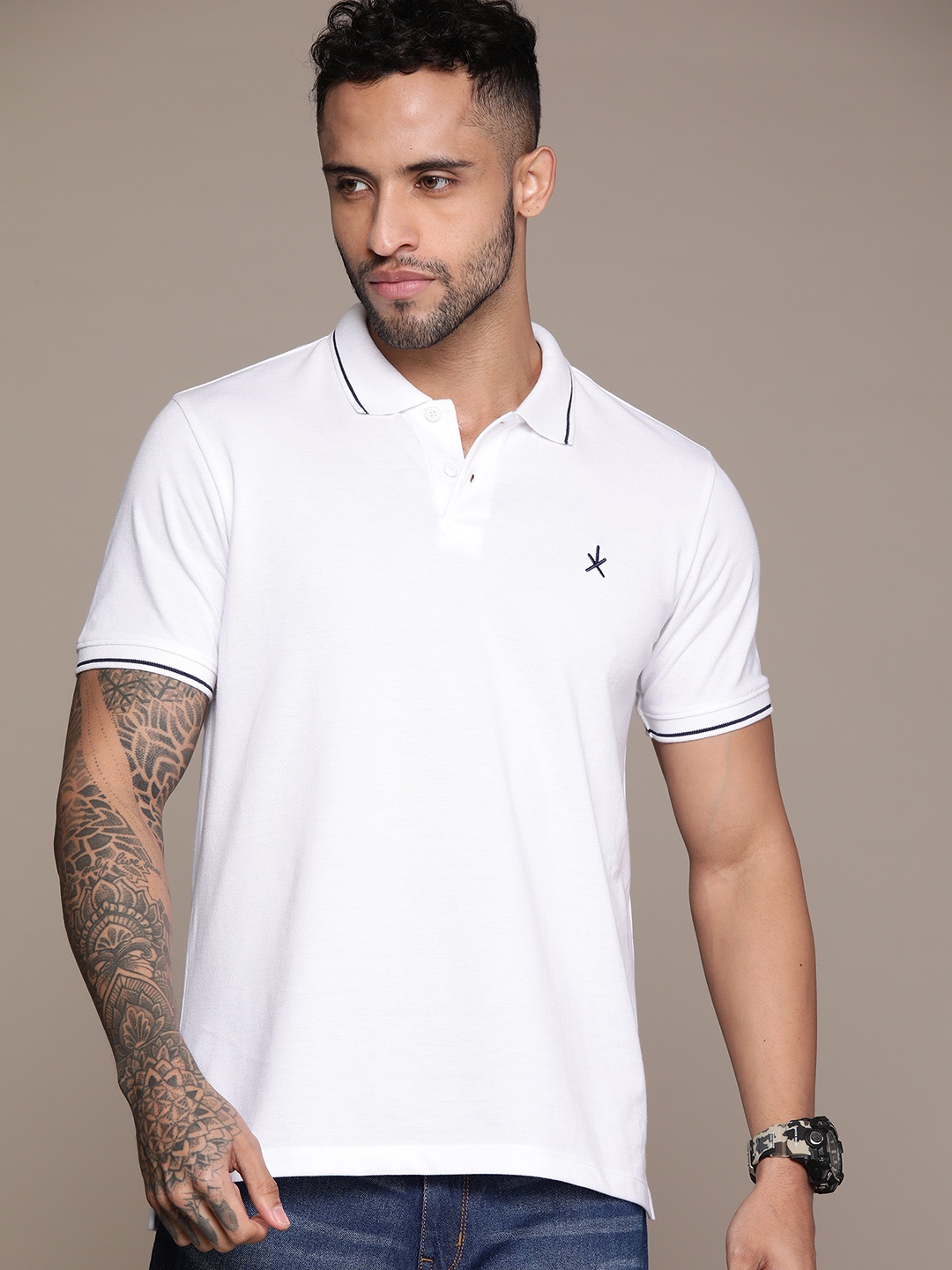 

Roadster Men Polo Collar Pure Cotton T-shirt, White