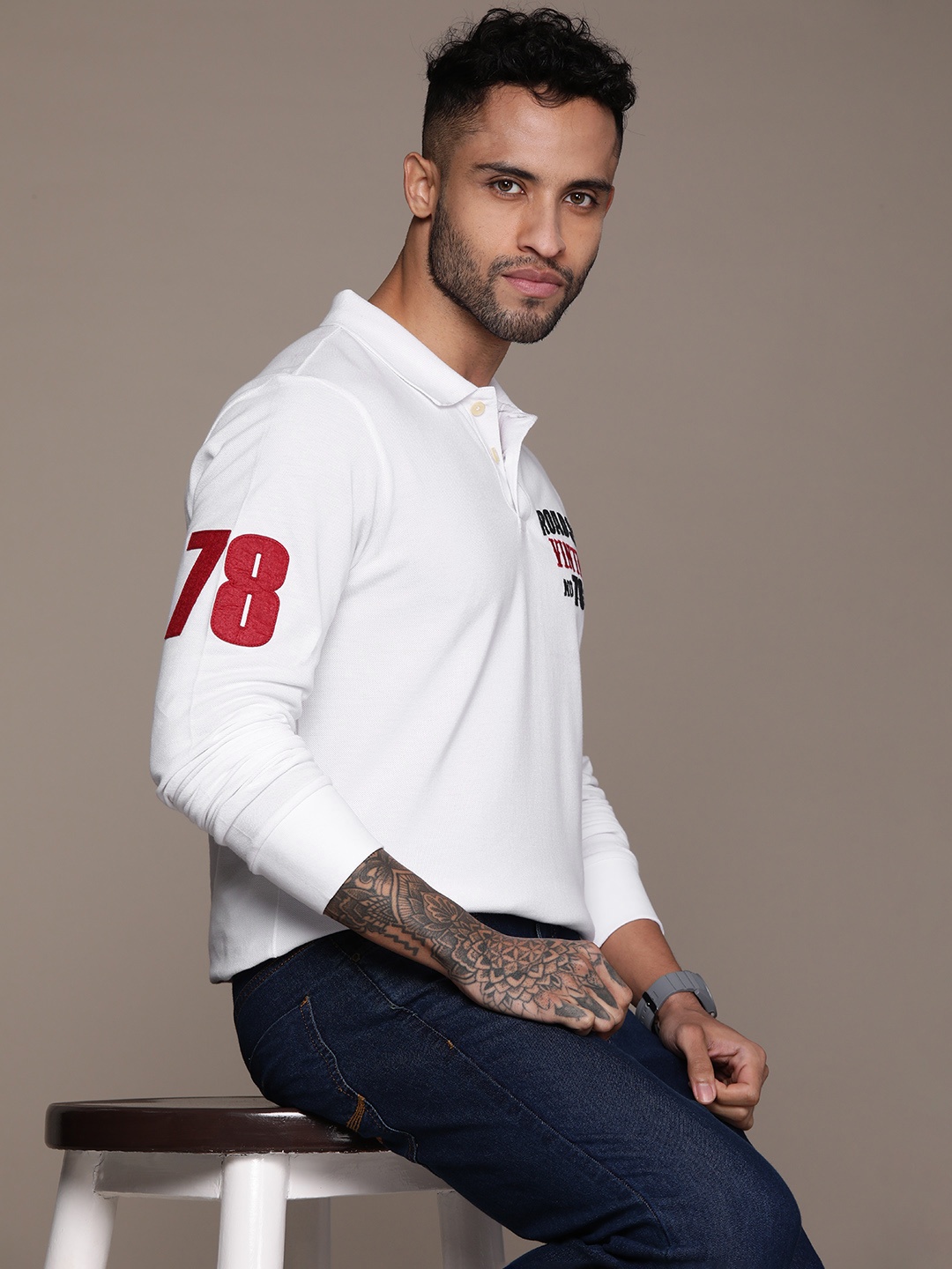 

Roadster Men Brand Logo Printed Polo Collar Cotton T-shirt, White