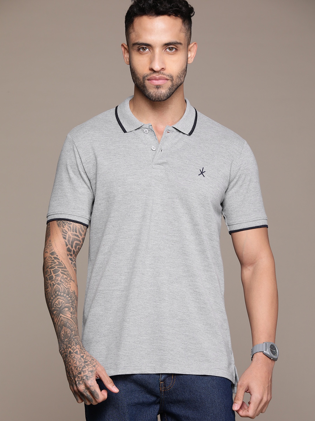

Roadster Men Polo Collar Pure Cotton T-shirt, Grey melange