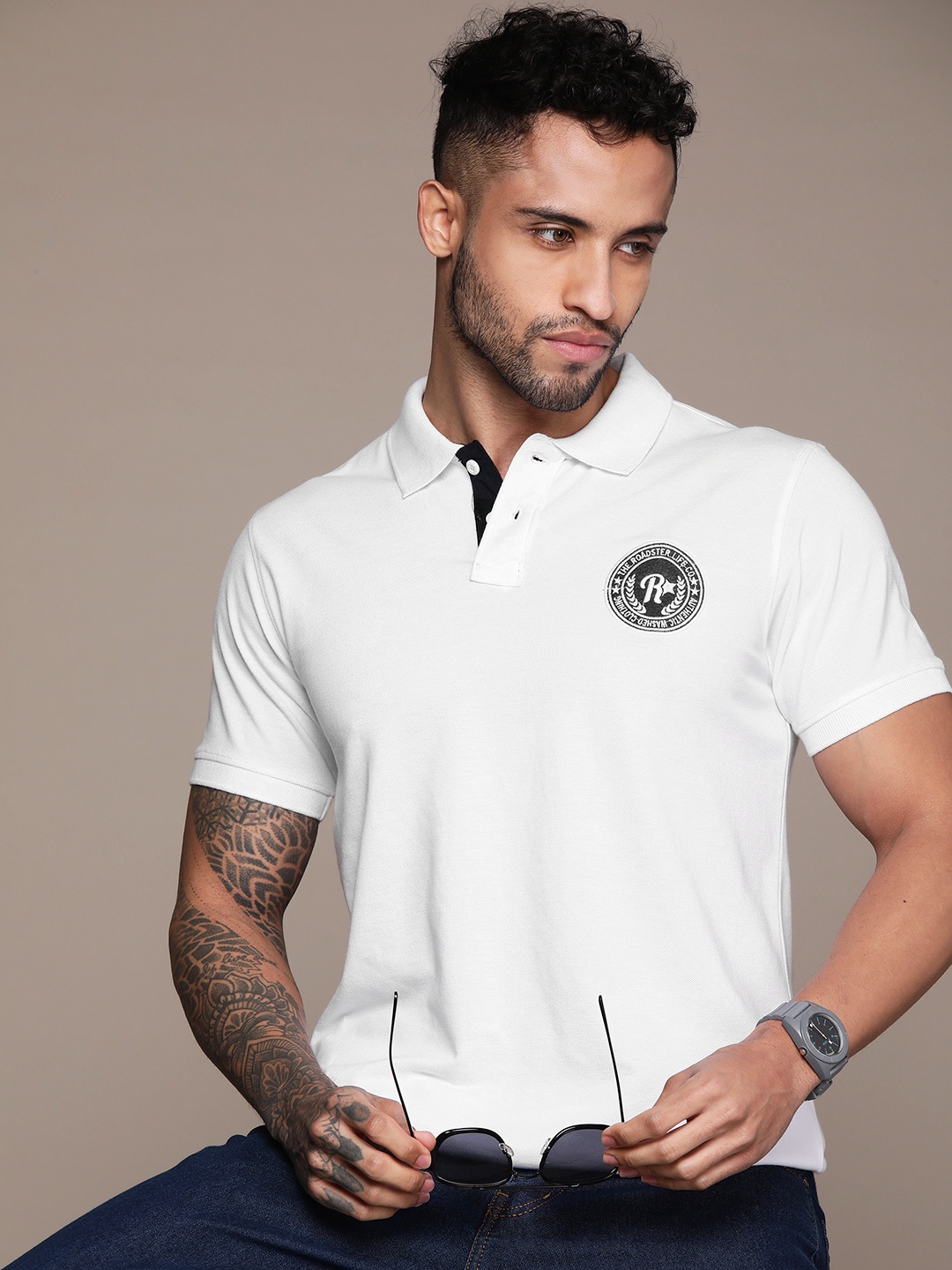

Roadster Men Brand Logo Printed Polo Collar Pure Cotton T-shirt, White
